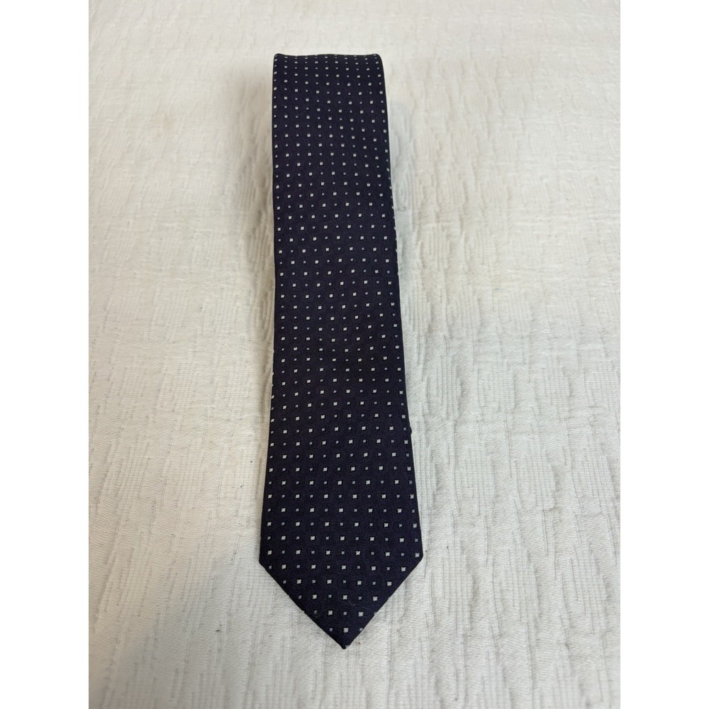 BOSS Navy Blue Silver Square Pattern 100% Polyester Tie, Made in Italy